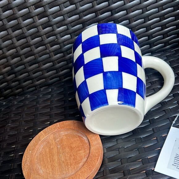 Blue and White Checkered Mug with Wooden Coaster - Picture 9 of 11